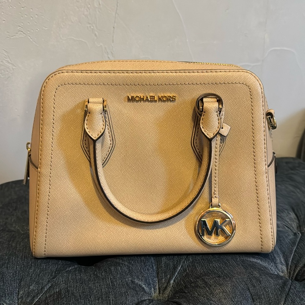 Michael Kors medium purse with long shoulder strap, tan with gold accent pieces